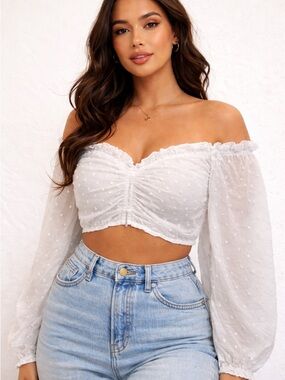 PrettyLittleThing White Puff Sleeve Swiss Dot Crop Top Size 2